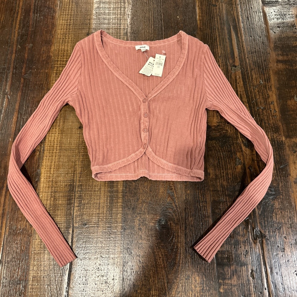 Aerie Cropped Ribbed Fitted Button Up Pink Cardigan Womens‎ Size Small S NWT
